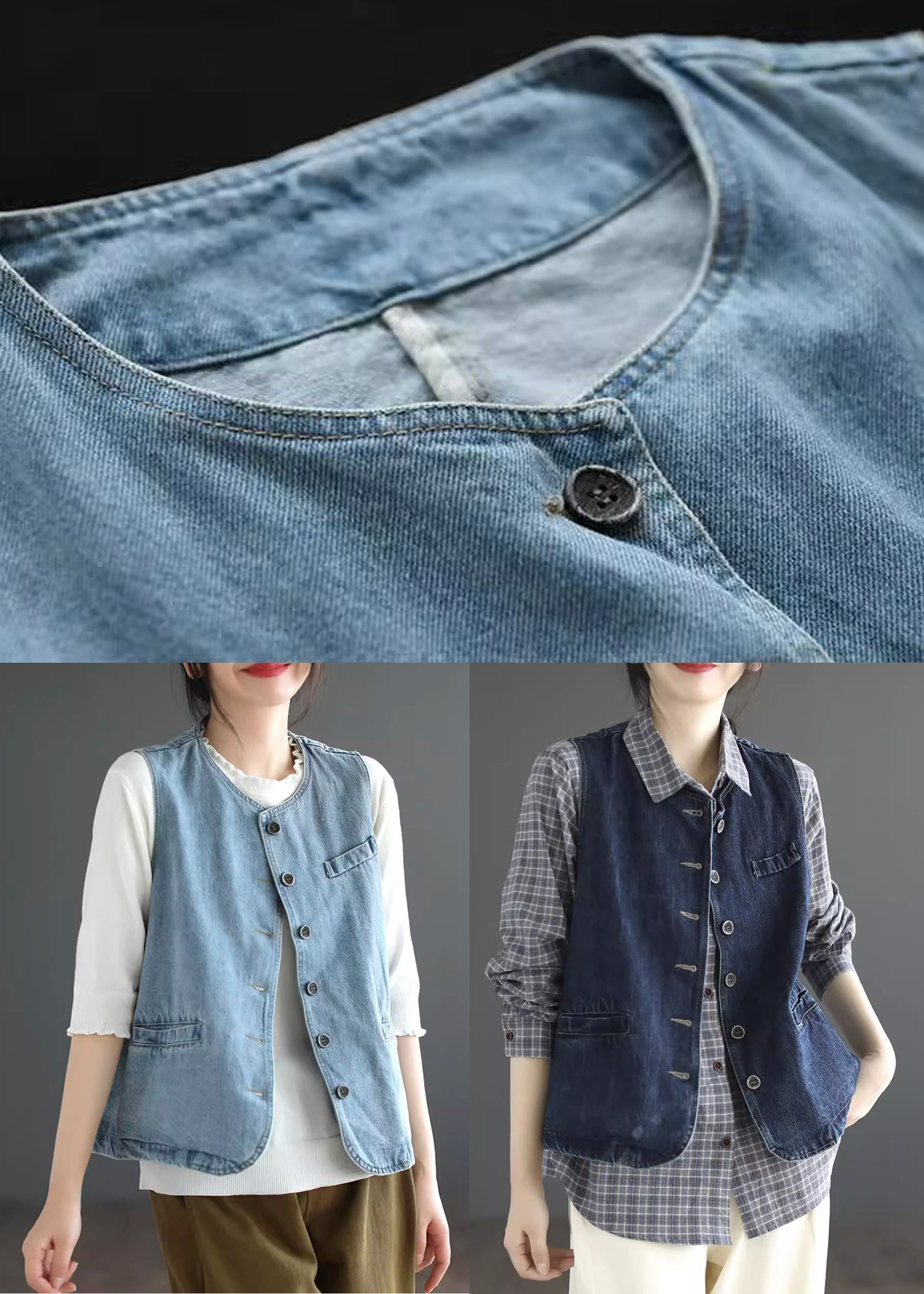 Light Blue Patchwork Denim Waistcoat Fall Ada Fashion