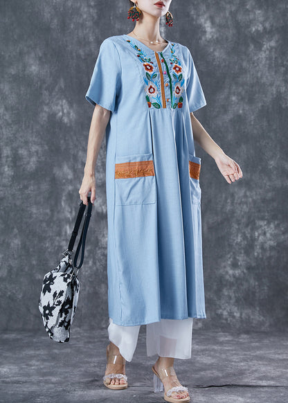 Light Blue Patchwork Linen Long Dress Embroideried Summer LY5615 - fabuloryshop