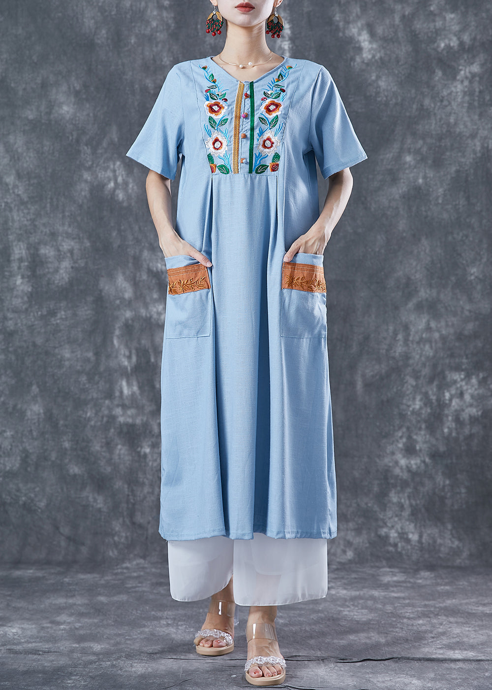 Light Blue Patchwork Linen Long Dress Embroideried Summer LY5615 - fabuloryshop