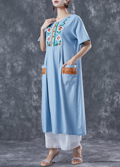 Light Blue Patchwork Linen Long Dress Embroideried Summer LY5615 - fabuloryshop