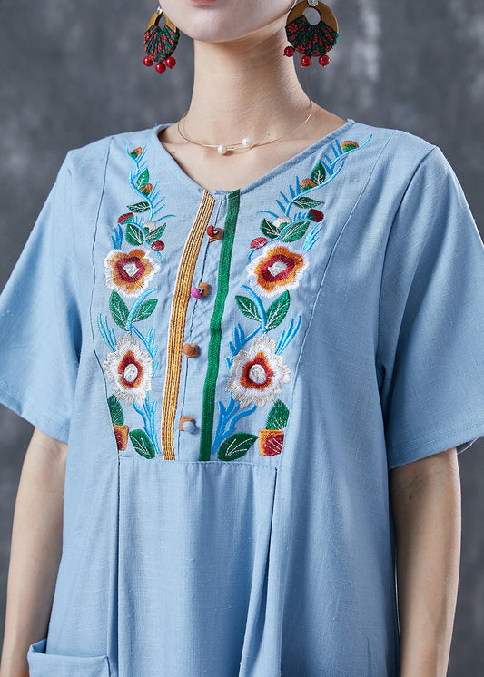 Light Blue Patchwork Linen Long Dress Embroideried Summer LY5615 - fabuloryshop