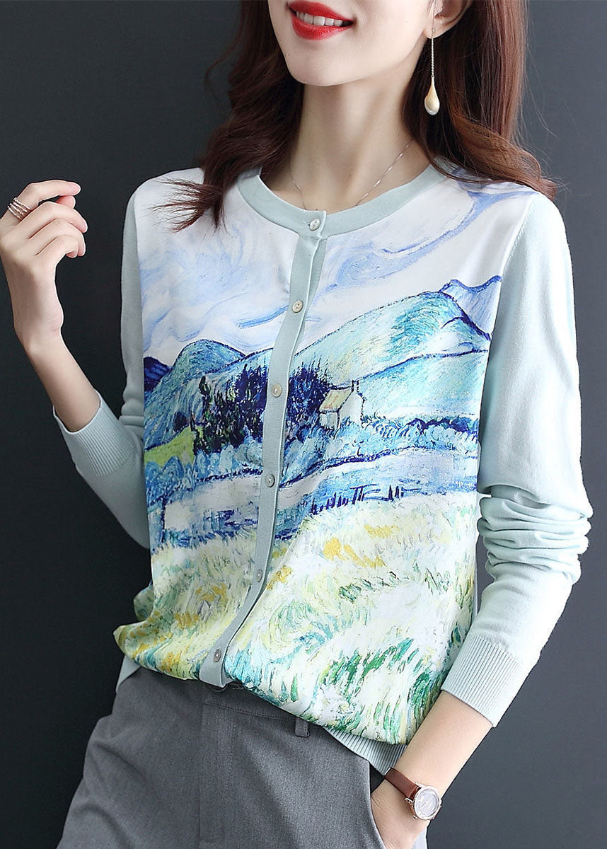 Light Blue Print Knit Cardigan O-Neck Oversized Spring LY0060 - fabuloryshop