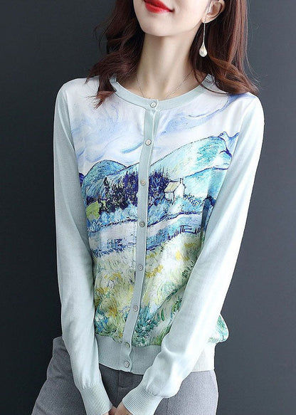 Light Blue Print Knit Cardigan O-Neck Oversized Spring LY0060 - fabuloryshop