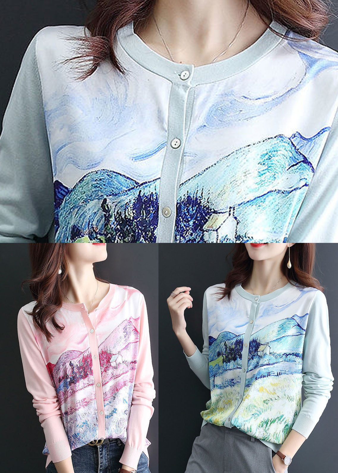 Light Blue Print Knit Cardigan O-Neck Oversized Spring LY0060 - fabuloryshop