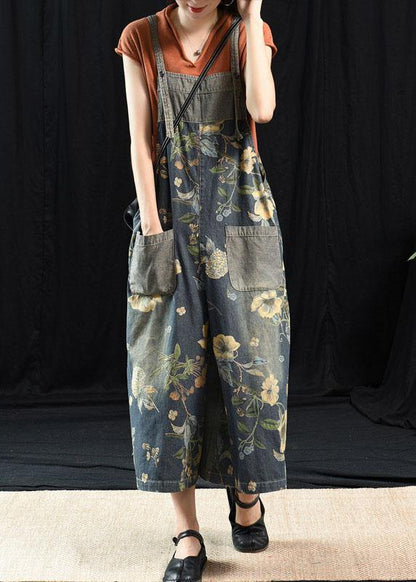 Light Blue Retro Loose Print Denim Jumpsuit - fabuloryshop