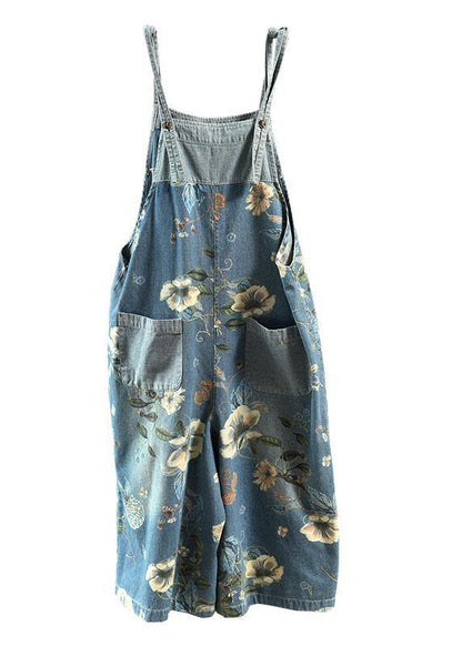 Light Blue Retro Loose Print Denim Jumpsuit - fabuloryshop