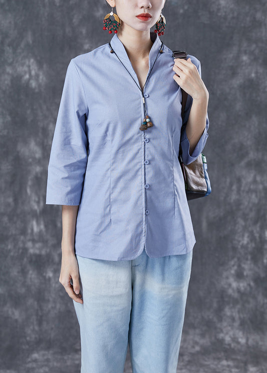 Light Blue Slim Fit Cotton Blouse Top V Neck Button Bracelet Sleeve LY4104 - fabuloryshop