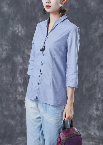 Light Blue Slim Fit Cotton Blouse Top V Neck Button Bracelet Sleeve LY4104 - fabuloryshop