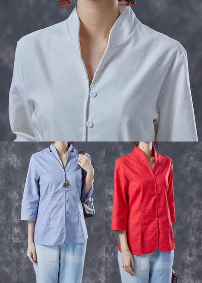 Light Blue Slim Fit Cotton Blouse Top V Neck Button Bracelet Sleeve LY4104 - fabuloryshop