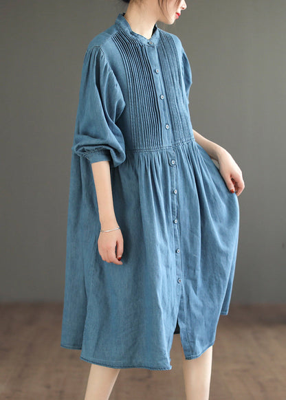 Light Blue Wrinkled Patchwork Denim O-Neck Dress Long Sleeve Ada Fashion