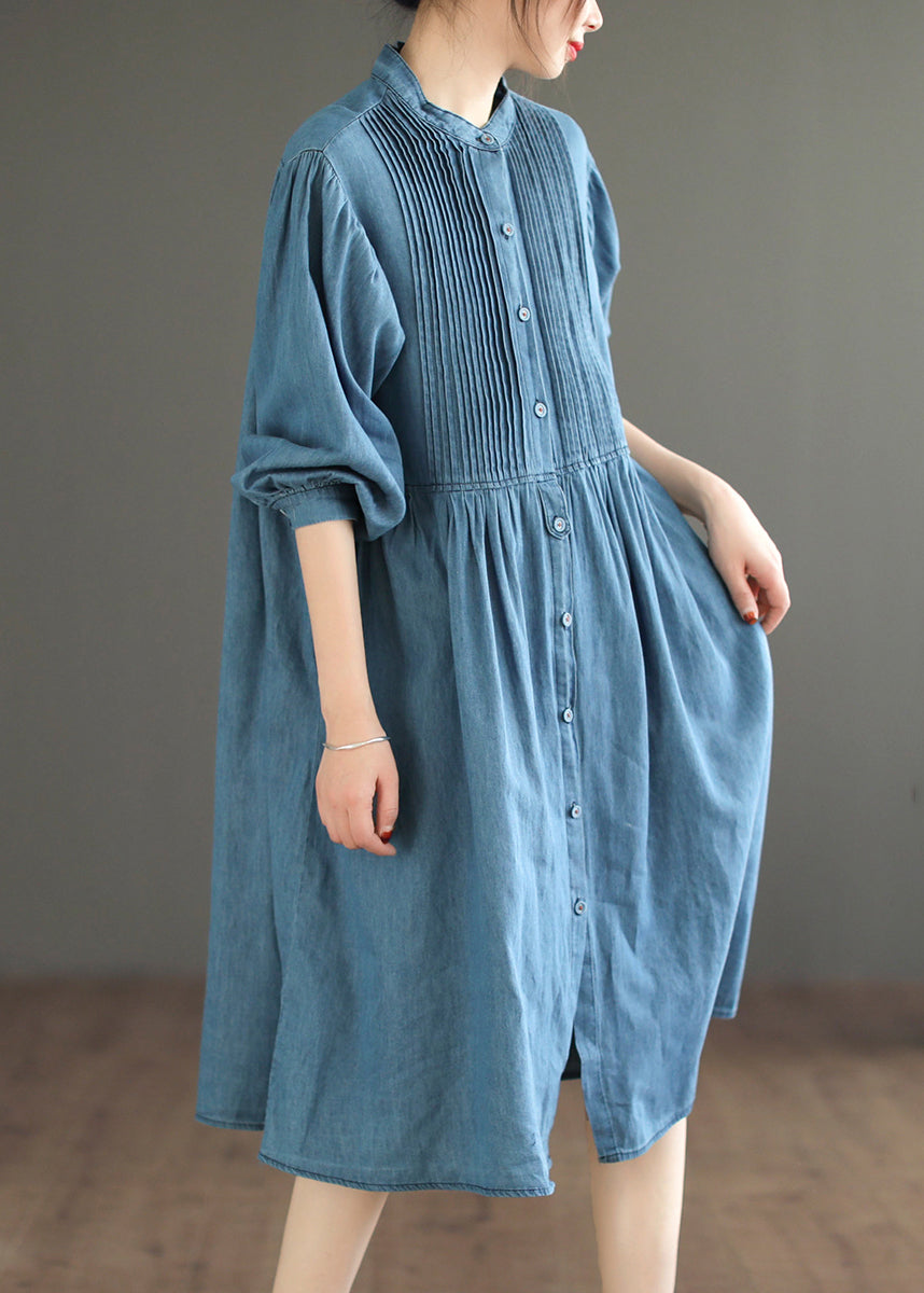 Light Blue Wrinkled Patchwork Denim O-Neck Dress Long Sleeve Ada Fashion