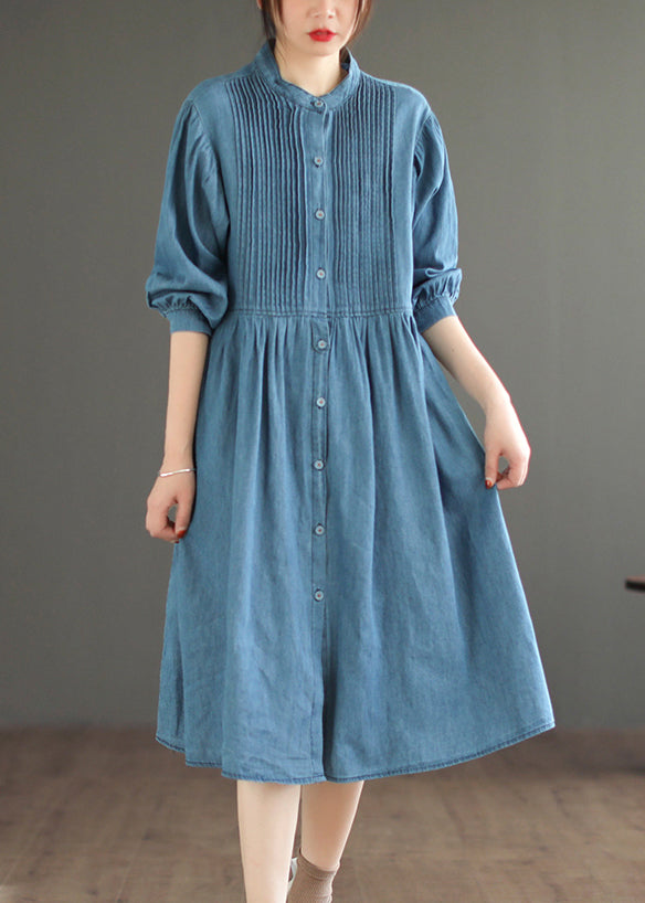 Light Blue Wrinkled Patchwork Denim O-Neck Dress Long Sleeve Ada Fashion