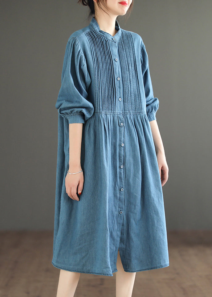 Light Blue Wrinkled Patchwork Denim O-Neck Dress Long Sleeve Ada Fashion