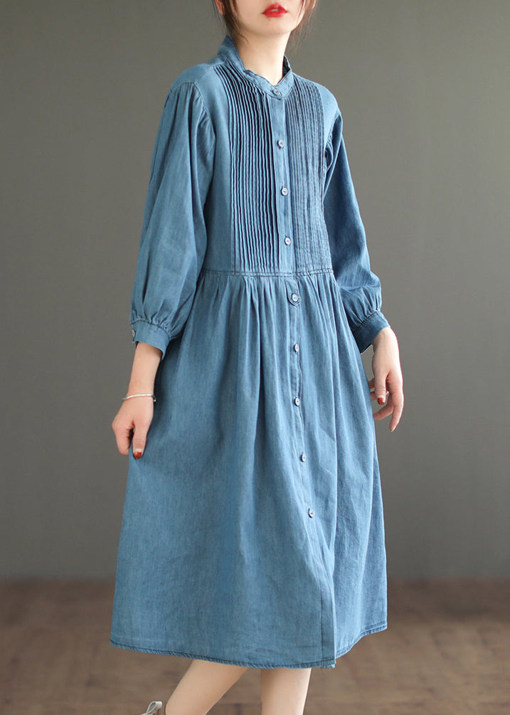 Light Blue Wrinkled Patchwork Denim O-Neck Dress Long Sleeve Ada Fashion