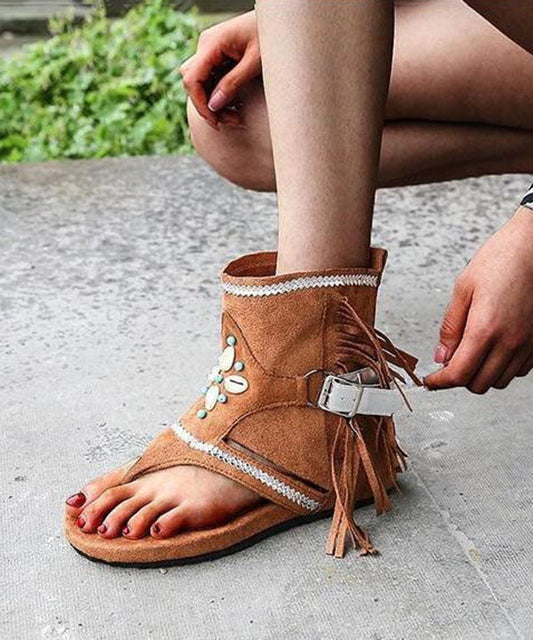 Light Brown Suede Tassel Nail Bead Comfy Splicing Walking Sandals LY4305 - fabuloryshop