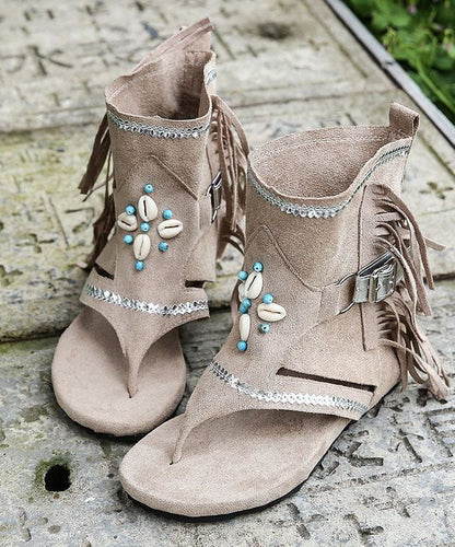 Light Brown Suede Tassel Nail Bead Comfy Splicing Walking Sandals LY4305 - fabuloryshop