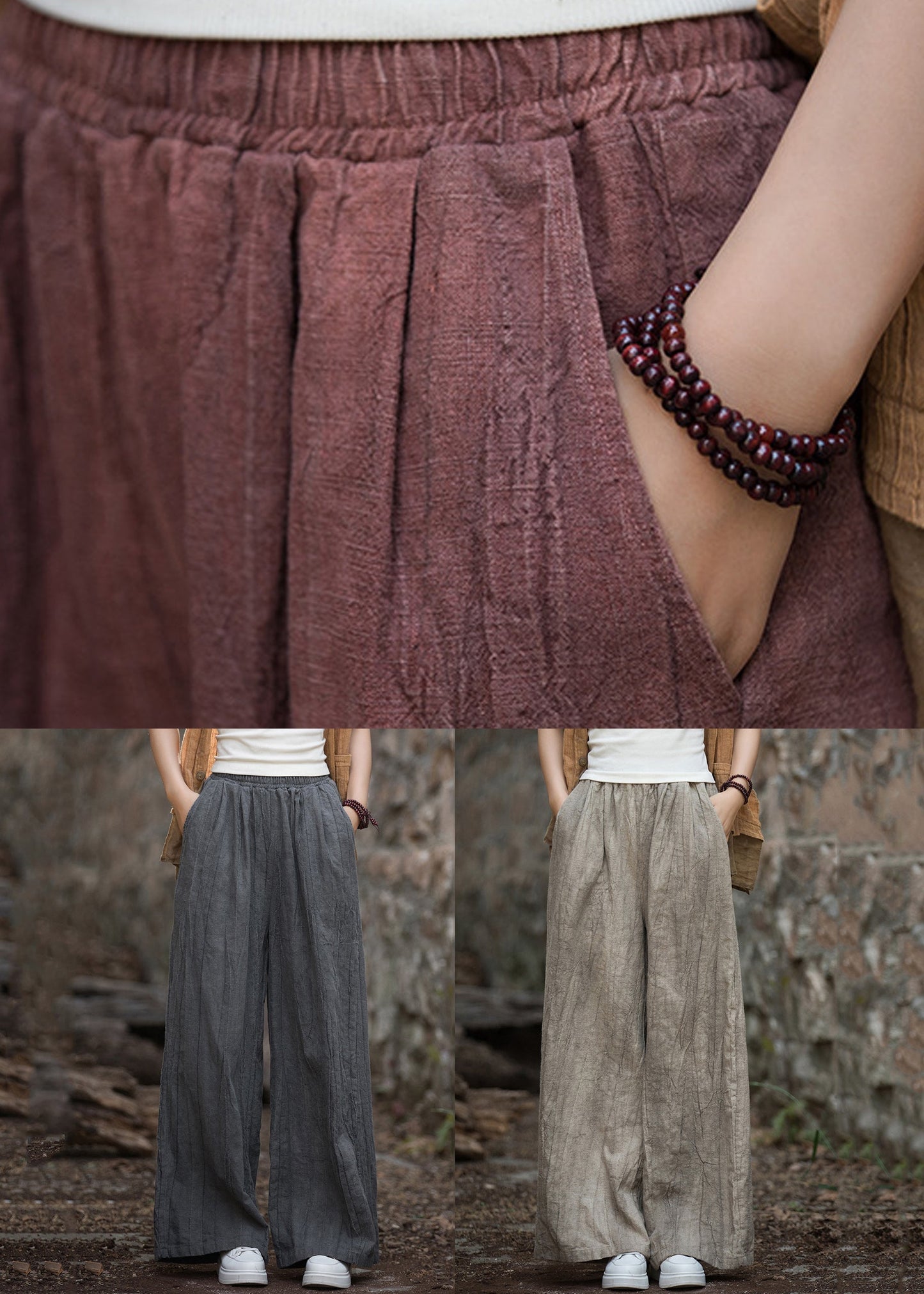 Light Camel Tie Dye Patchwork Elastic Waist Linen Wide Leg Pants Ada Fashion