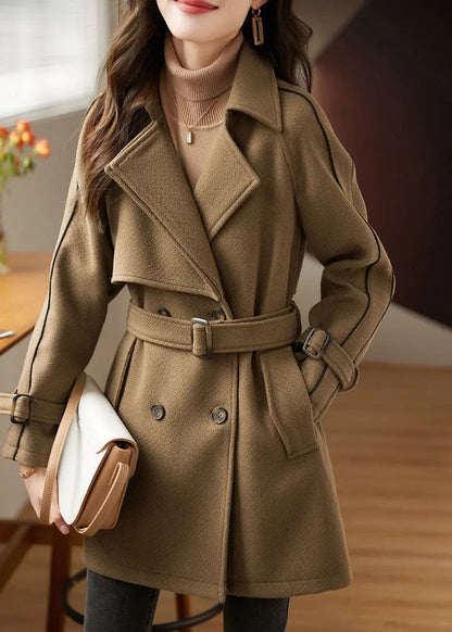 Light Coffee Pockets Patchwork Sashes Thick Woolen Coats Long Sleeve Ada Fashion