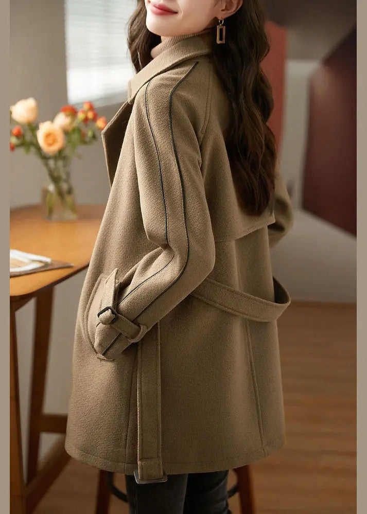 Light Coffee Pockets Patchwork Sashes Thick Woolen Coats Long Sleeve Ada Fashion