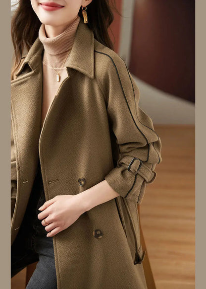 Light Coffee Pockets Patchwork Sashes Thick Woolen Coats Long Sleeve Ada Fashion