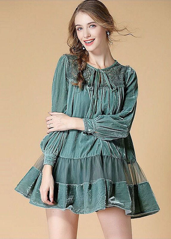 Light Green Embroideried Velour Dress O Neck Spring LY0013 - fabuloryshop