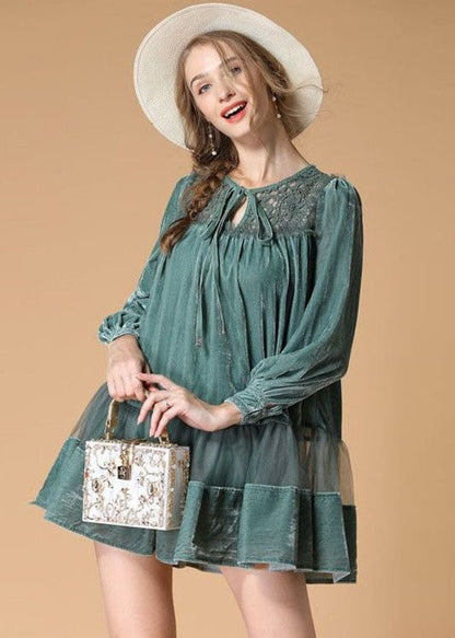 Light Green Embroideried Velour Dress O Neck Spring LY0013 - fabuloryshop