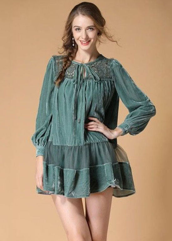 Light Green Embroideried Velour Dress O Neck Spring LY0013 - fabuloryshop