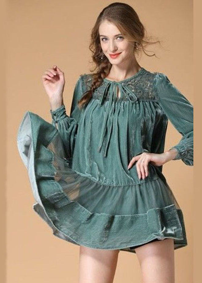 Light Green Embroideried Velour Dress O Neck Spring LY0013 - fabuloryshop