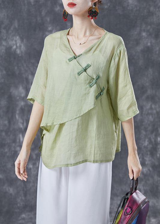 Light Green Linen Shirts Asymmetrical Chinese Button Summer LY4032 - fabuloryshop