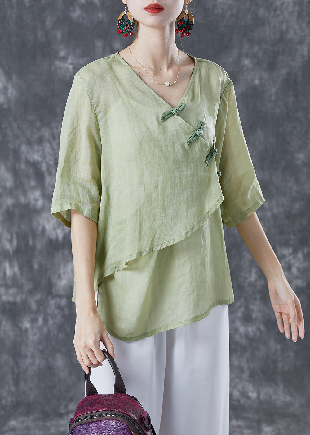 Light Green Linen Shirts Asymmetrical Chinese Button Summer LY4032 - fabuloryshop