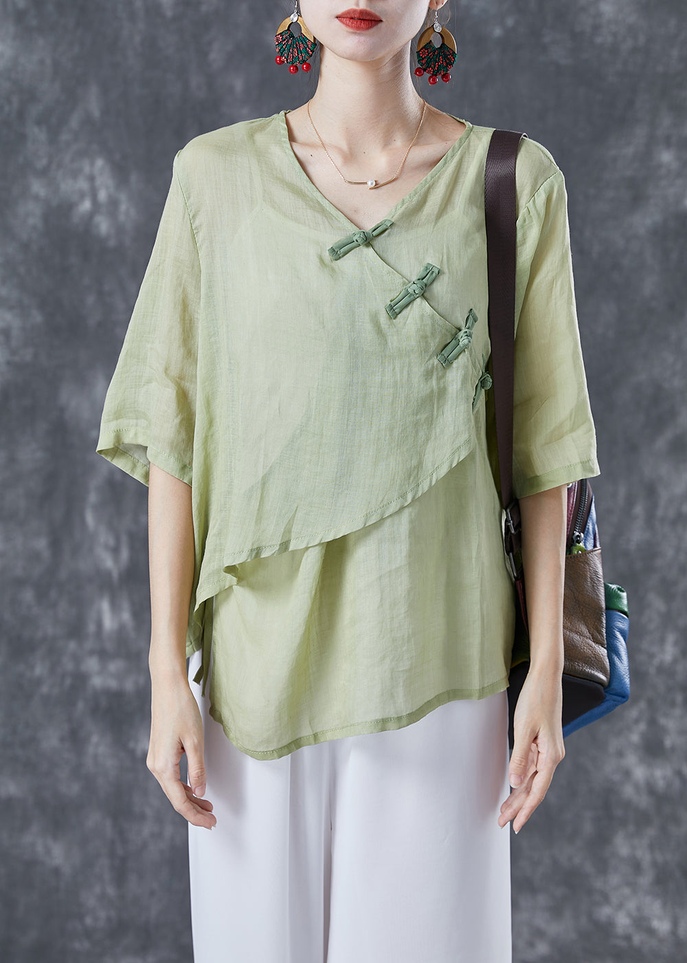 Light Green Linen Shirts Asymmetrical Chinese Button Summer LY4032 - fabuloryshop