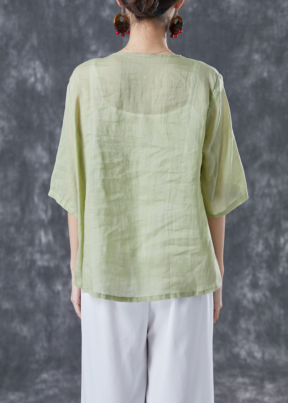 Light Green Linen Shirts Asymmetrical Chinese Button Summer LY4032 - fabuloryshop