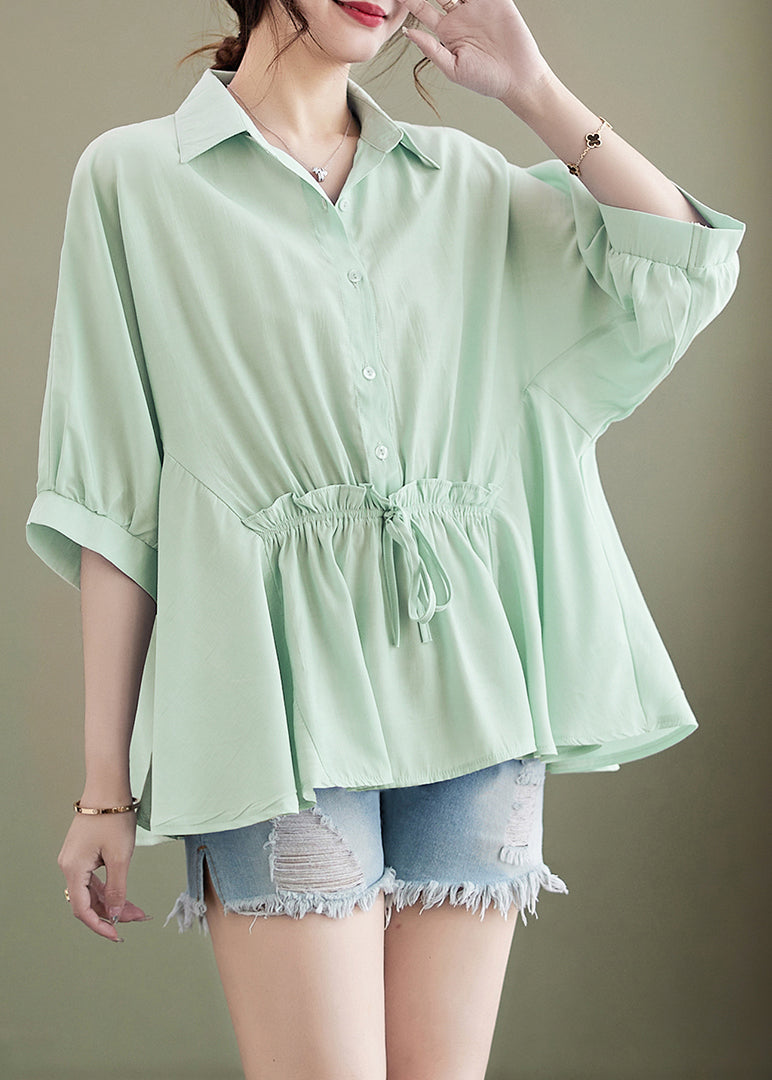 Light Green Loose Cotton Tops Ruffled Tie Waist Batwing Sleeve LY4891 - fabuloryshop