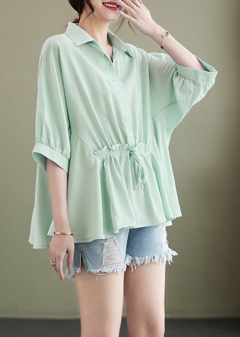 Light Green Loose Cotton Tops Ruffled Tie Waist Batwing Sleeve LY4891 - fabuloryshop