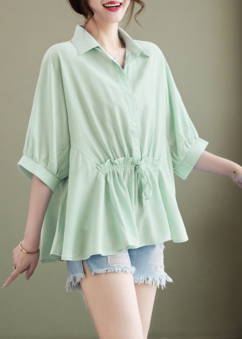 Light Green Loose Cotton Tops Ruffled Tie Waist Batwing Sleeve LY4891 - fabuloryshop