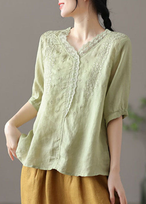 Light Green Patchwork Lace Linen Shirts V Neck Half Sleeve TG1010 - fabuloryshop