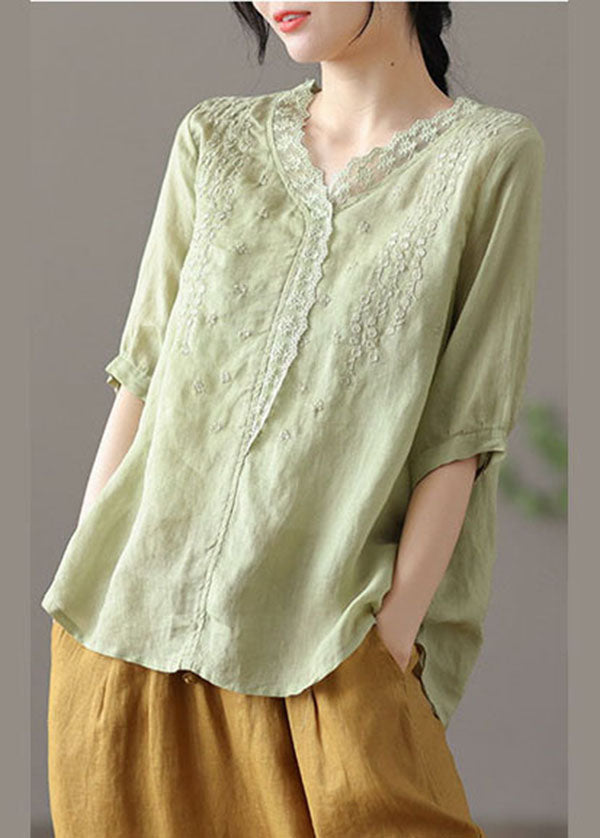 Light Green Patchwork Lace Linen Shirts V Neck Half Sleeve TG1010 - fabuloryshop