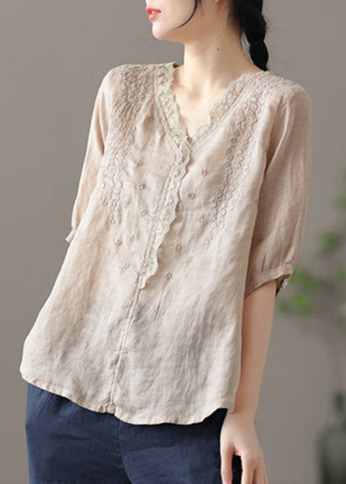 Light Green Patchwork Lace Linen Shirts V Neck Half Sleeve TG1010 - fabuloryshop