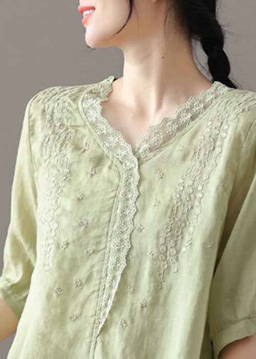 Light Green Patchwork Lace Linen Shirts V Neck Half Sleeve TG1010 - fabuloryshop