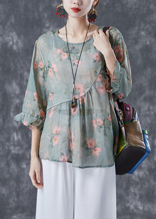 Light Green Patchwork Linen Shirt Tops O-Neck Print Bracelet Sleeve LY4121 - fabuloryshop