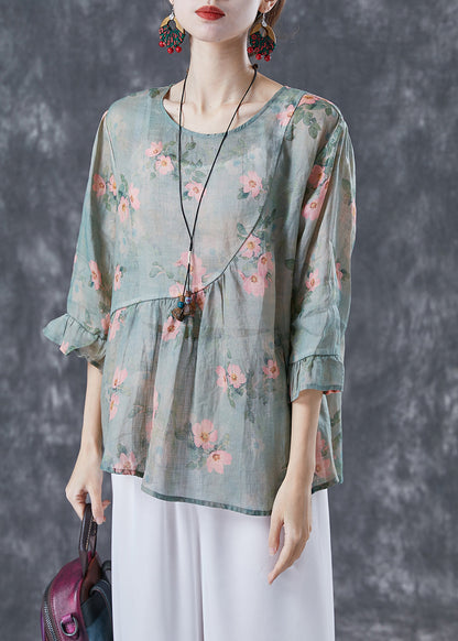 Light Green Patchwork Linen Shirt Tops O-Neck Print Bracelet Sleeve LY4121 - fabuloryshop