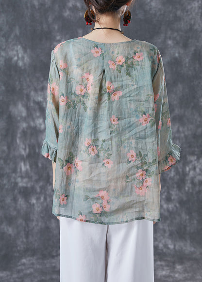 Light Green Patchwork Linen Shirt Tops O-Neck Print Bracelet Sleeve LY4121 - fabuloryshop