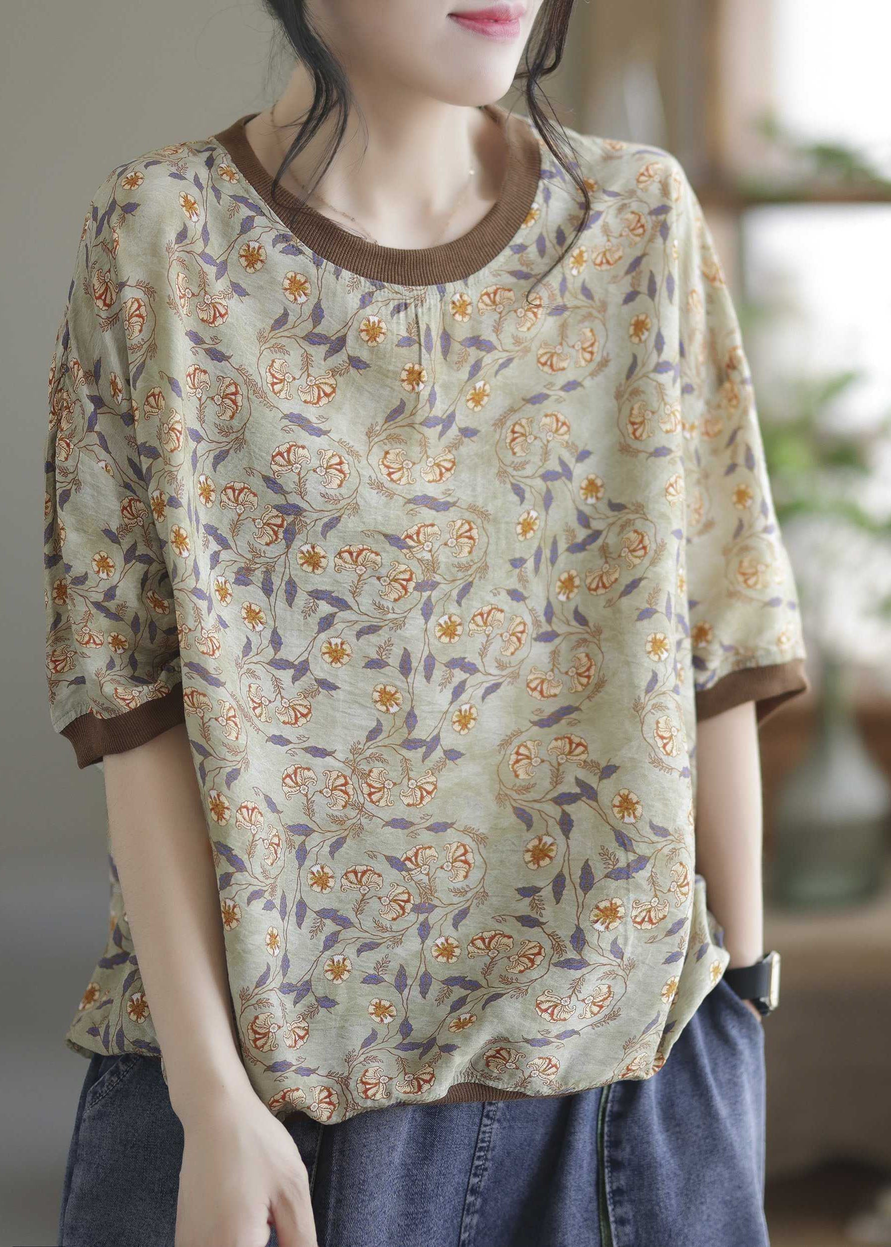 Light Green Patchwork Print Cotton T Shirt O Neck Summer LY0231 - fabuloryshop