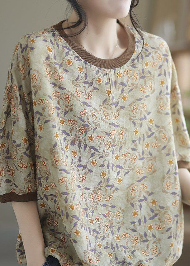 Light Green Patchwork Print Cotton T Shirt O Neck Summer LY0231 - fabuloryshop