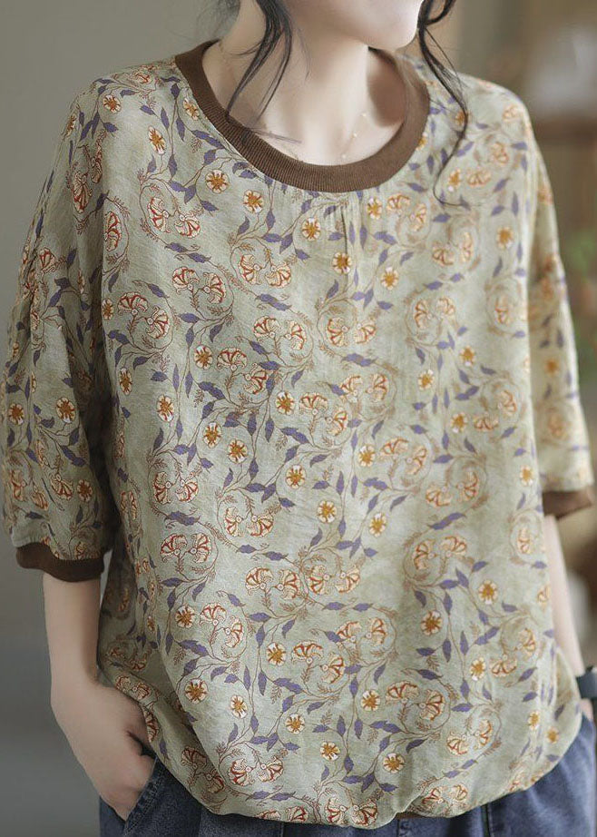 Light Green Patchwork Print Cotton T Shirt O Neck Summer LY0231 - fabuloryshop