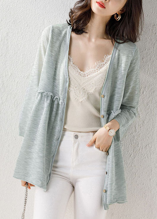 Light Green Patchwork Thin Knit Cardigan V Neck Ruffled Summer Ada Fashion