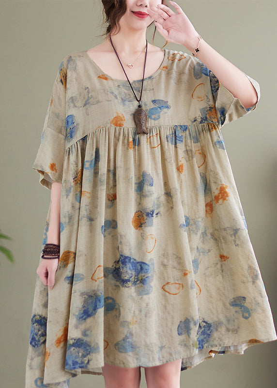 Light Green Print Cotton Holiday Dress Oversized Batwing Sleeve Ada Fashion