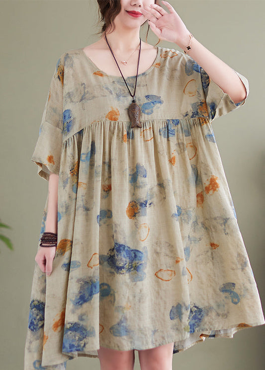 Light Green Print Cotton Holiday Dress Oversized Batwing Sleeve Ada Fashion