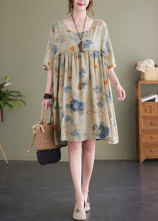 Light Green Print Cotton Holiday Dress Oversized Batwing Sleeve Ada Fashion