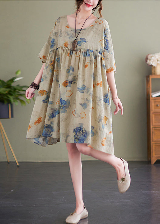 Light Green Print Cotton Holiday Dress Oversized Batwing Sleeve Ada Fashion